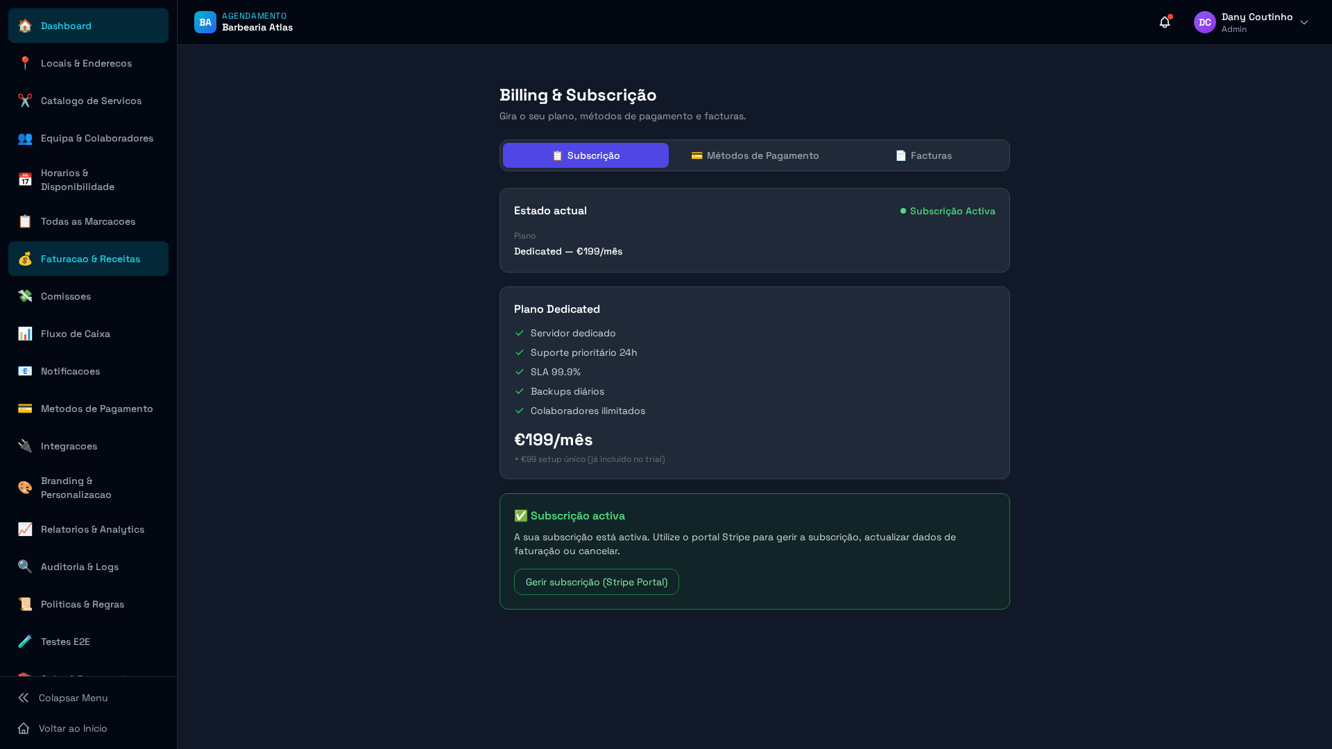 Detalhes do plano com data de renovação e addons activos