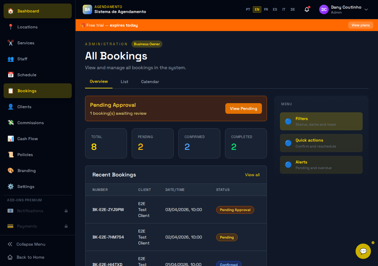Lista de marcações activas com estados e opções de cancelamento