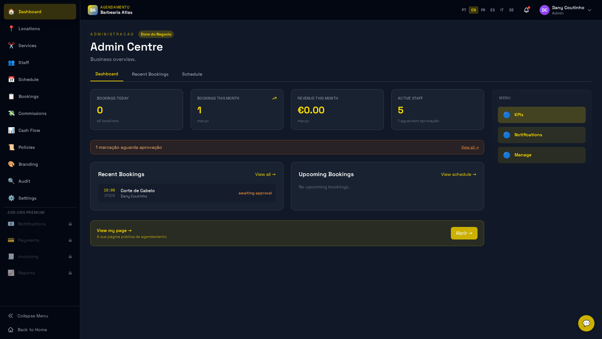 KPIs do dashboard com valores actualizados em tempo real