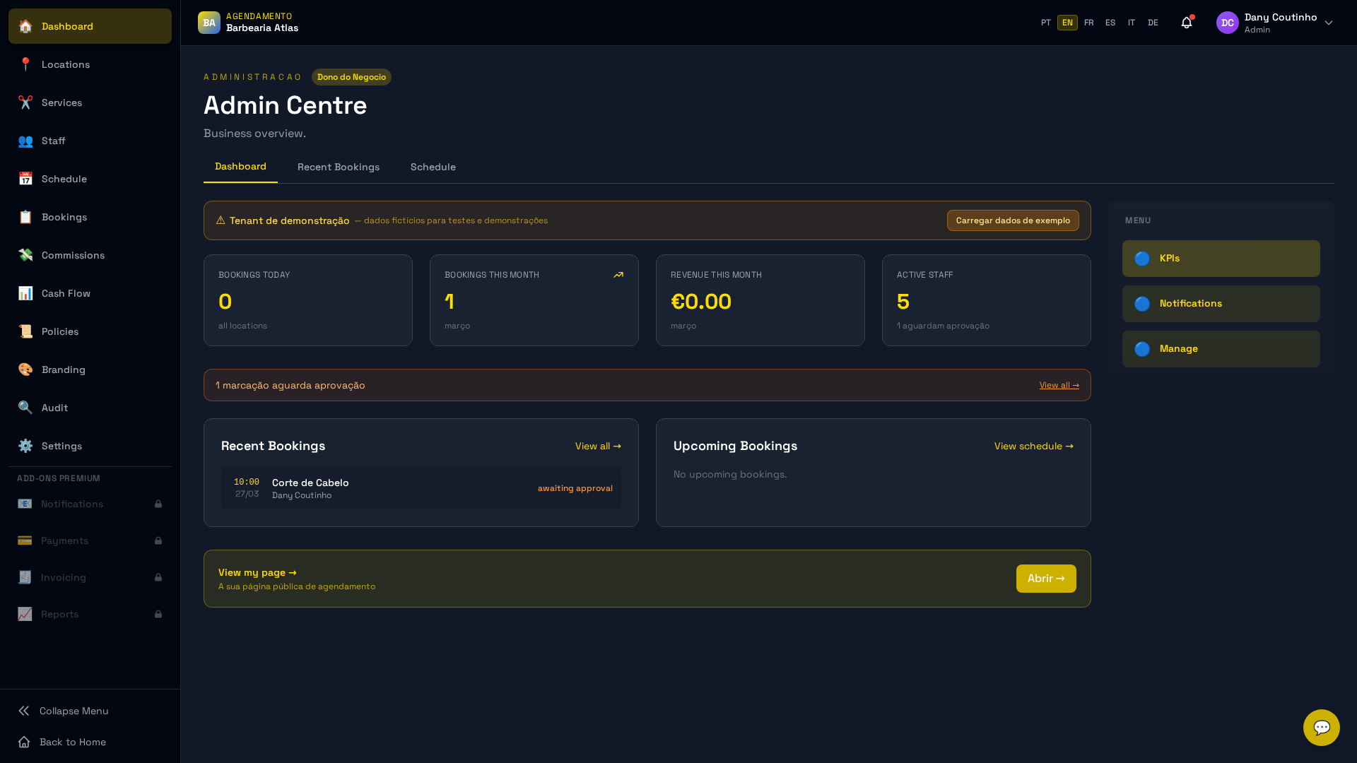 Dashboard principal com banner de demonstração visível
