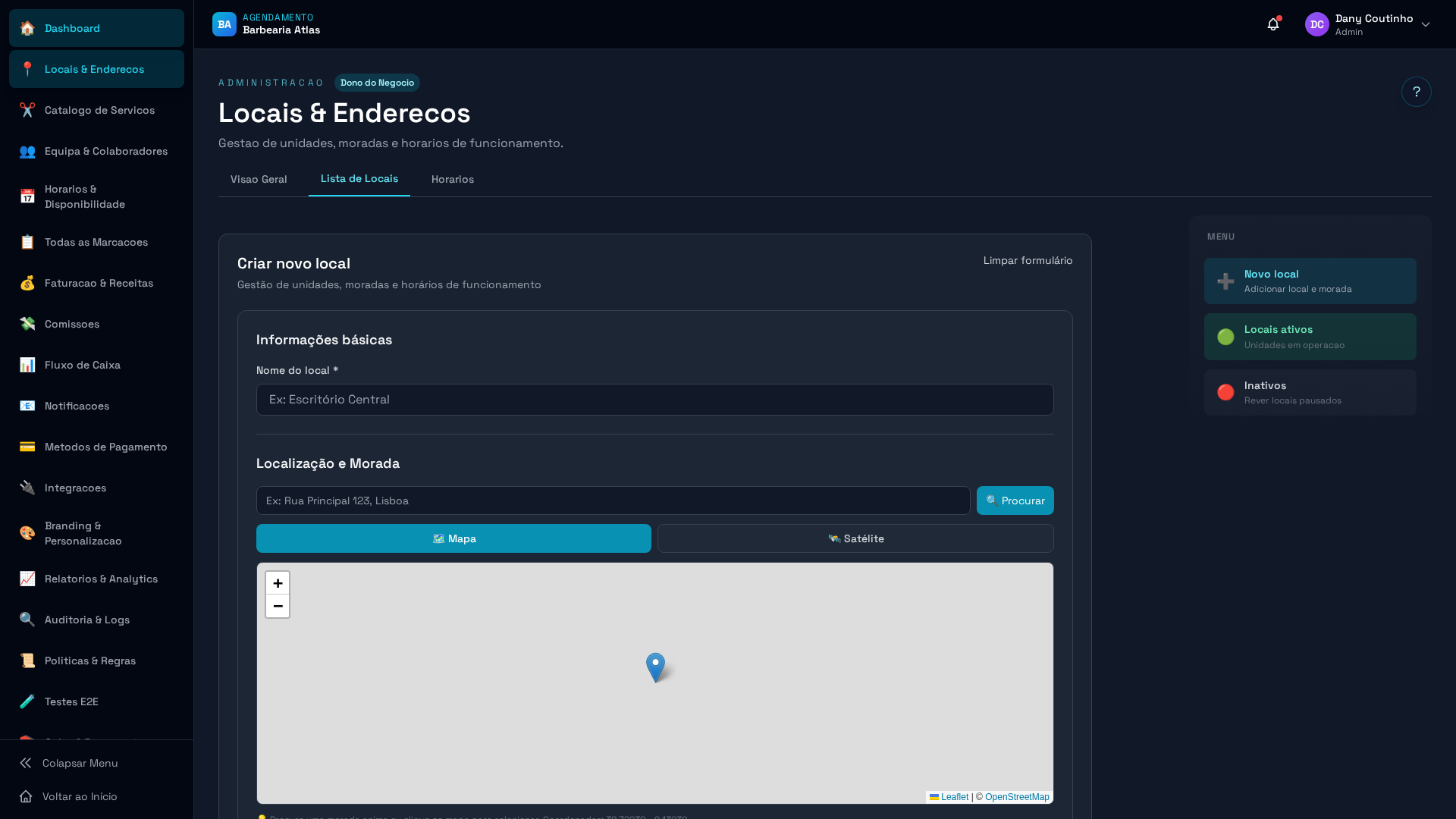 Formulário de criação de local com todos os campos preenchidos