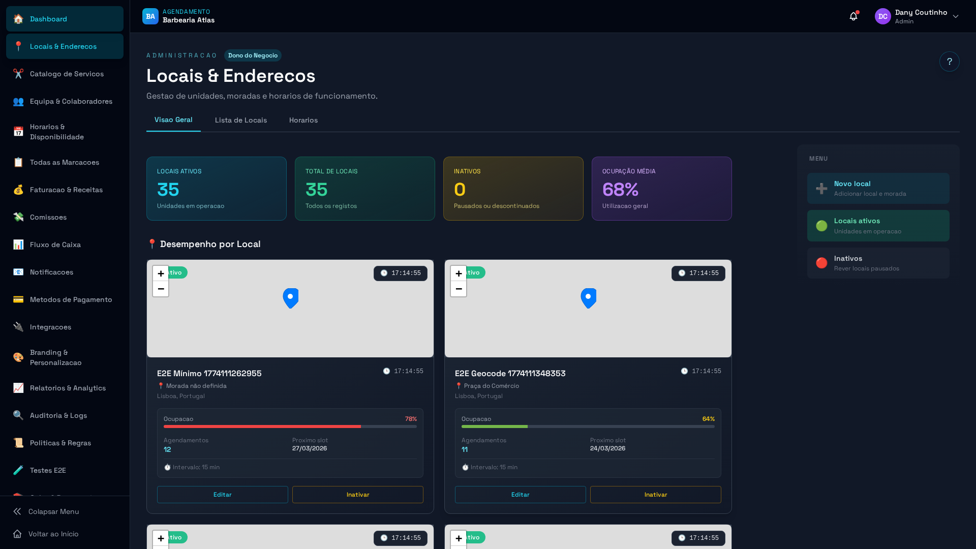 Lista de locais de atendimento no painel de administração