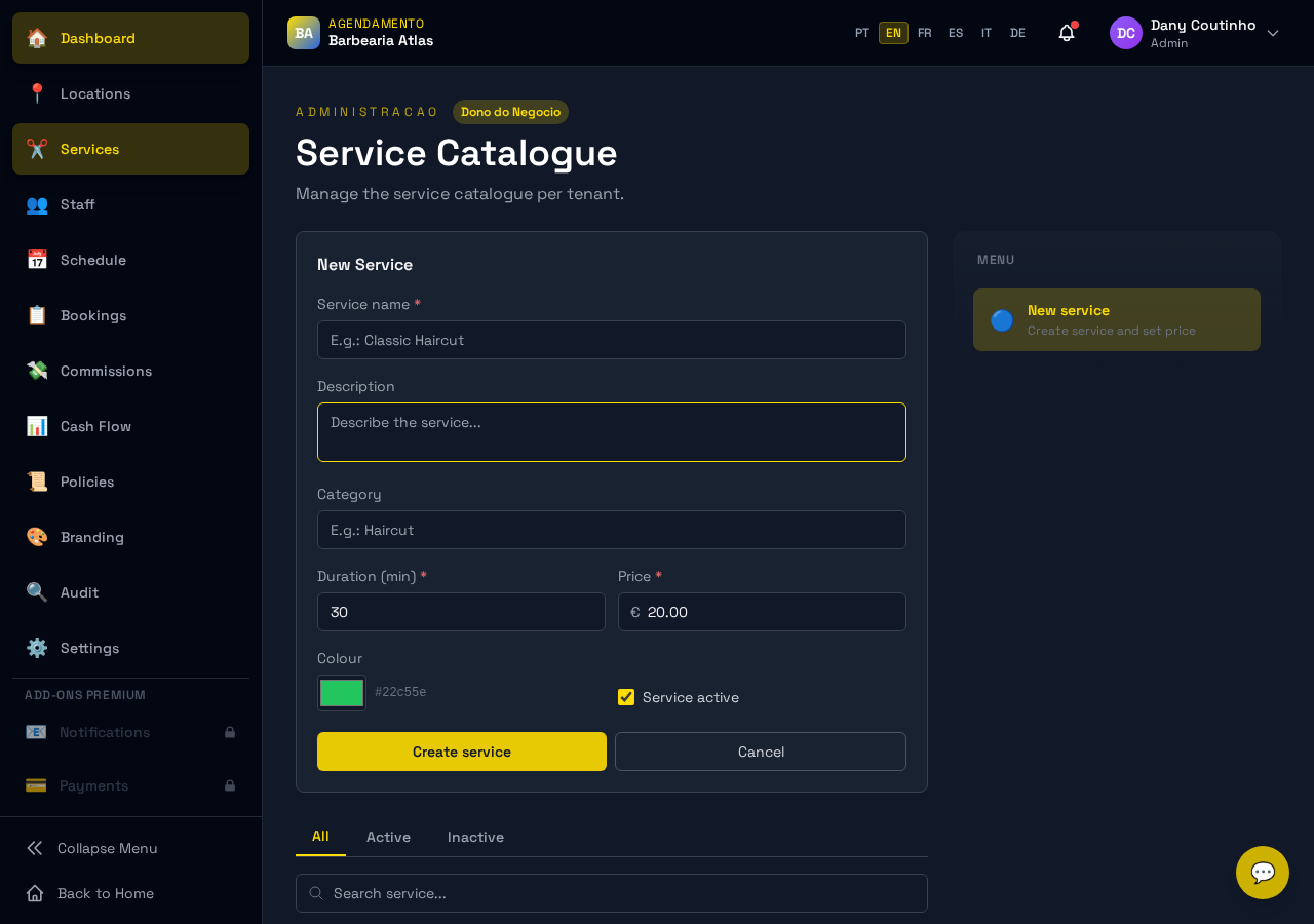 Formulário completo de criação/edição de serviço