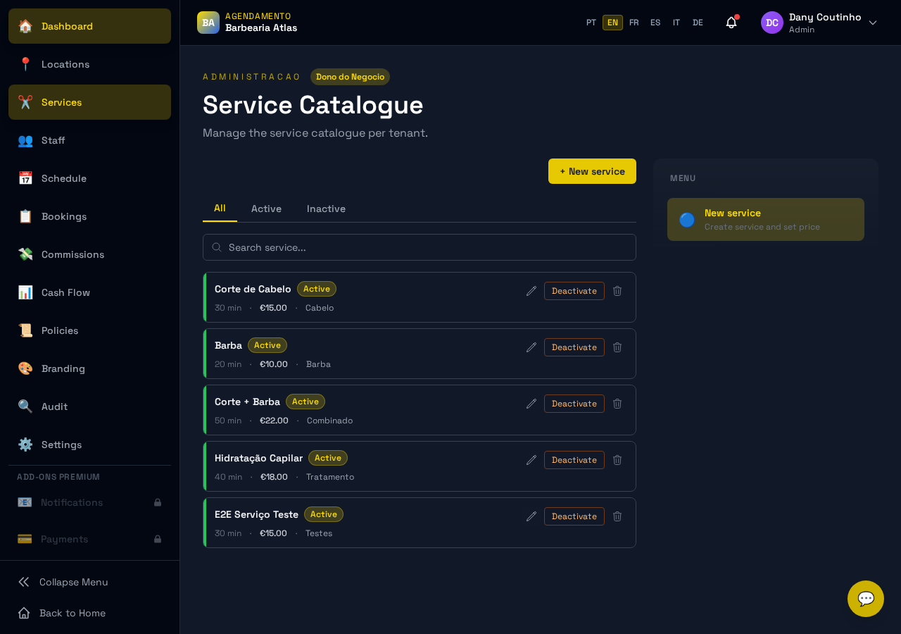 Lista de serviços com categorias e estado activo/inactivo