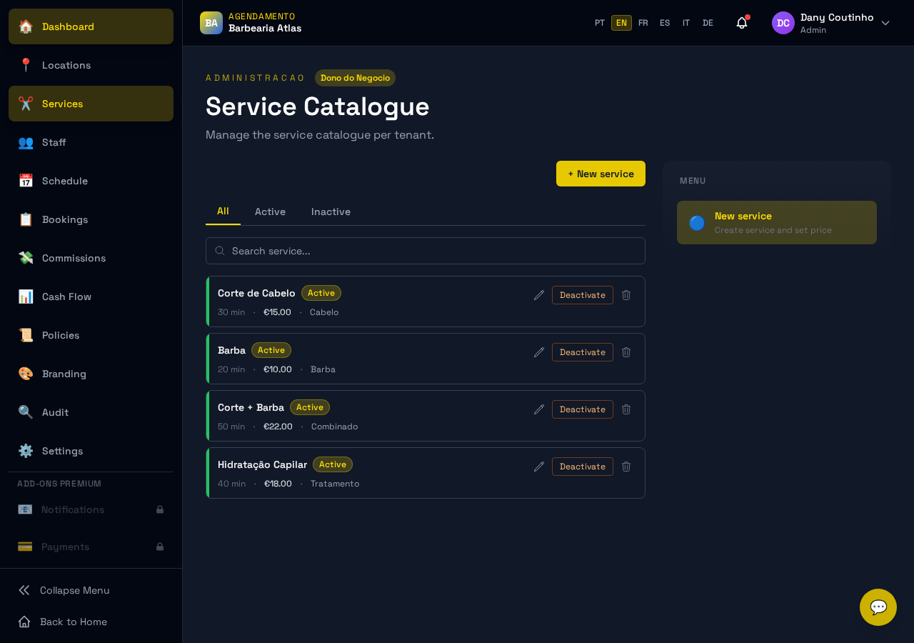 Serviço em modo de edição com campos actualizáveis